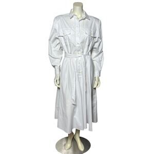 Ms. Chaus White Cotton Blend Shirt Dress Utility Style Midi with Belt Size 14